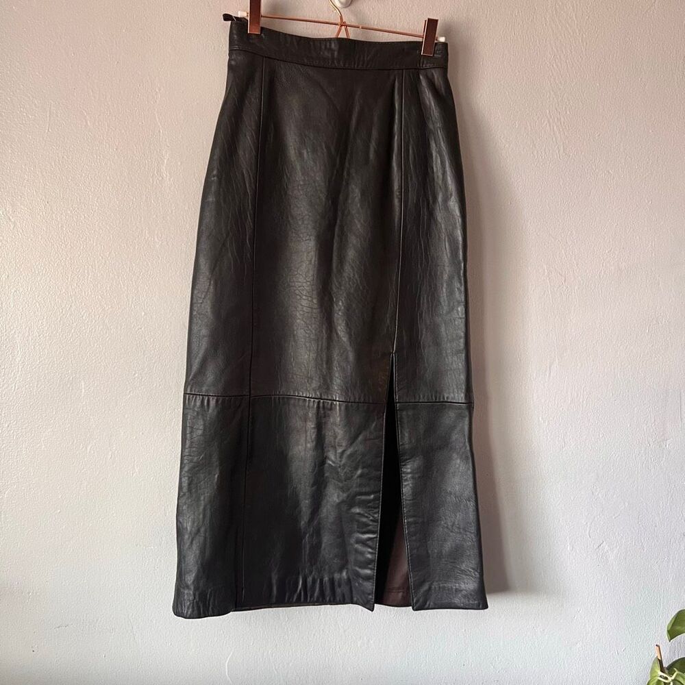 Laura Winston vintage leather skirt large slit chocolate dark brown